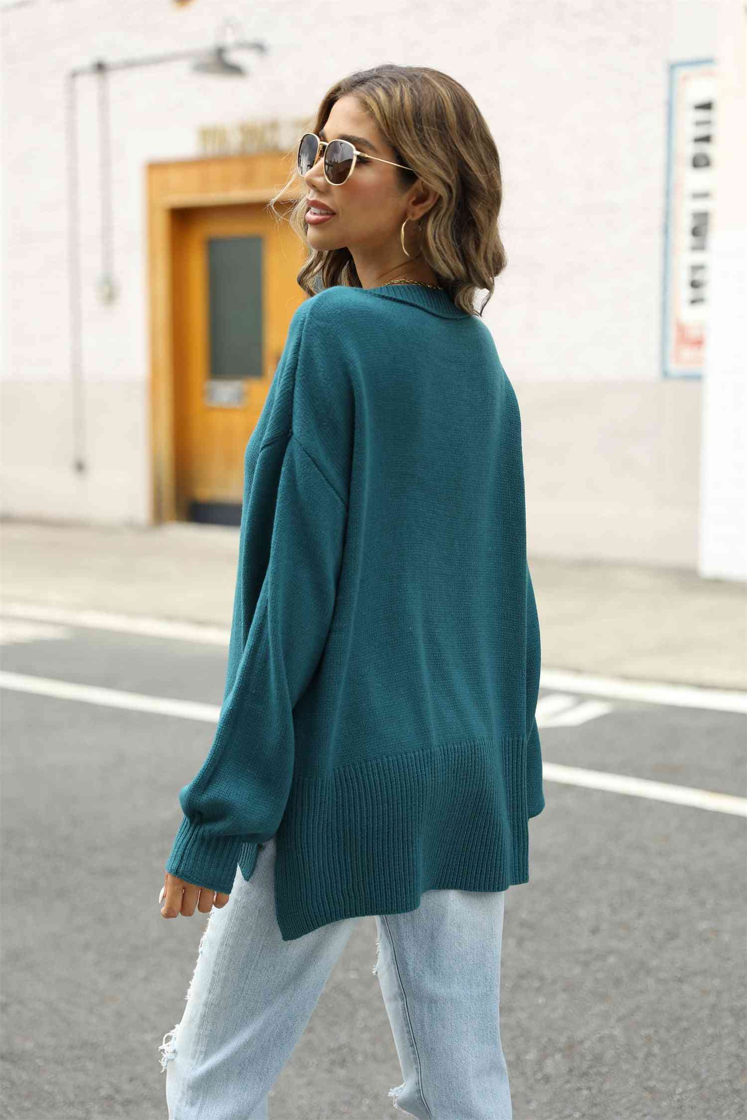 Round Neck Dropped Shoulder Slit Sweater - Deals DejaVu