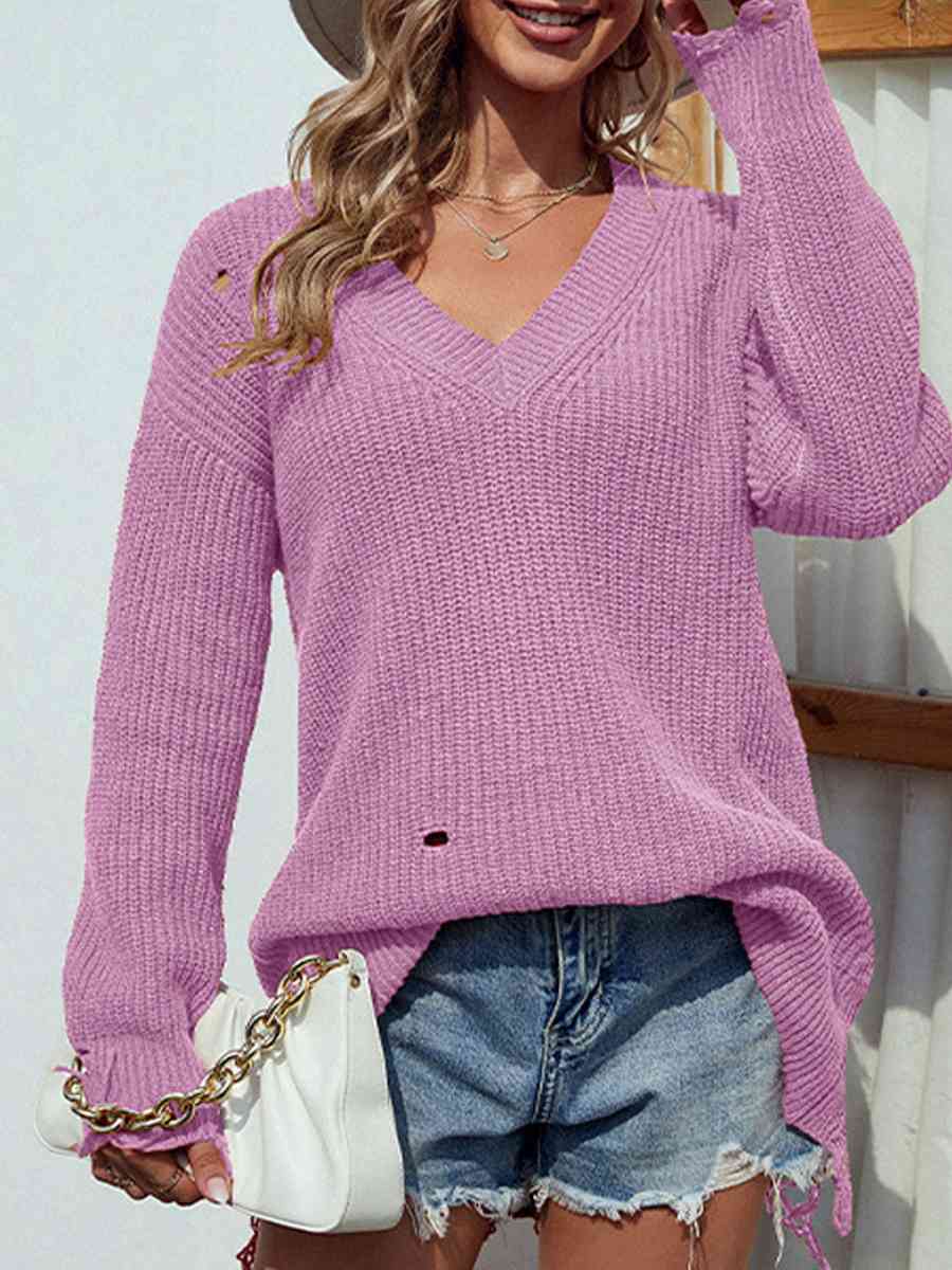 Distressed V-Neck Drop Shoulder Sweater - Deals DejaVu