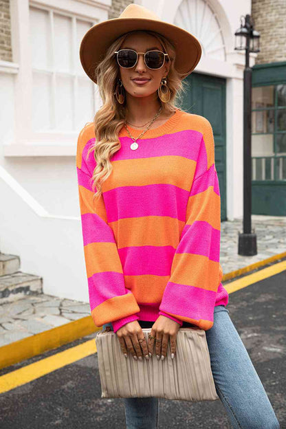 Striped Balloon Sleeve Knit Pullover - Deals DejaVu