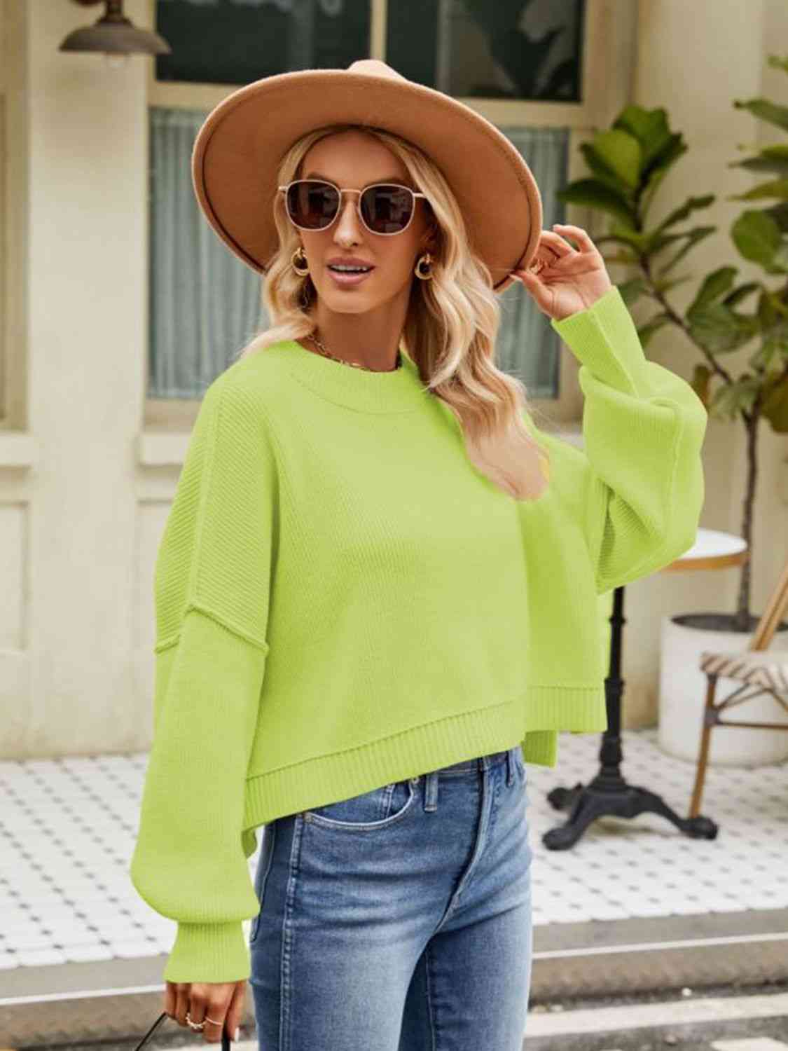 Round Neck Dropped Shoulder Sweater - Deals DejaVu