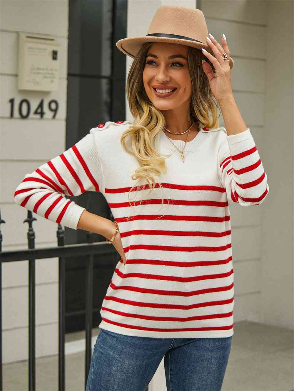 Round Neck Shoulder Button Striped Pullover Sweater - Deals DejaVu