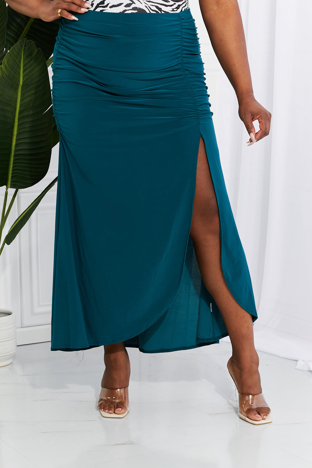 White Birch Full Size Up and Up Ruched Slit Maxi Skirt in Teal (TB7) T