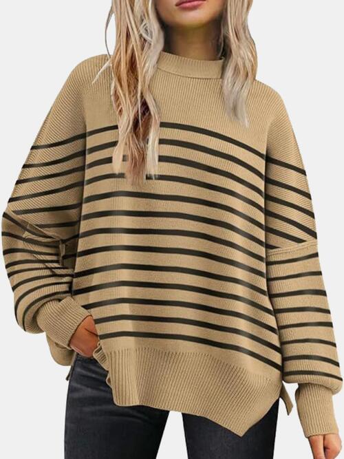 Round Neck Drop Shoulder Slit Sweater (BFD) T - Deals DejaVu