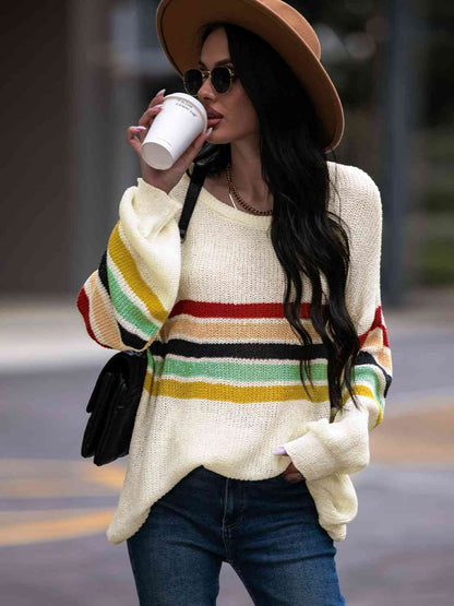 Striped Round Neck Sweater - Deals DejaVu