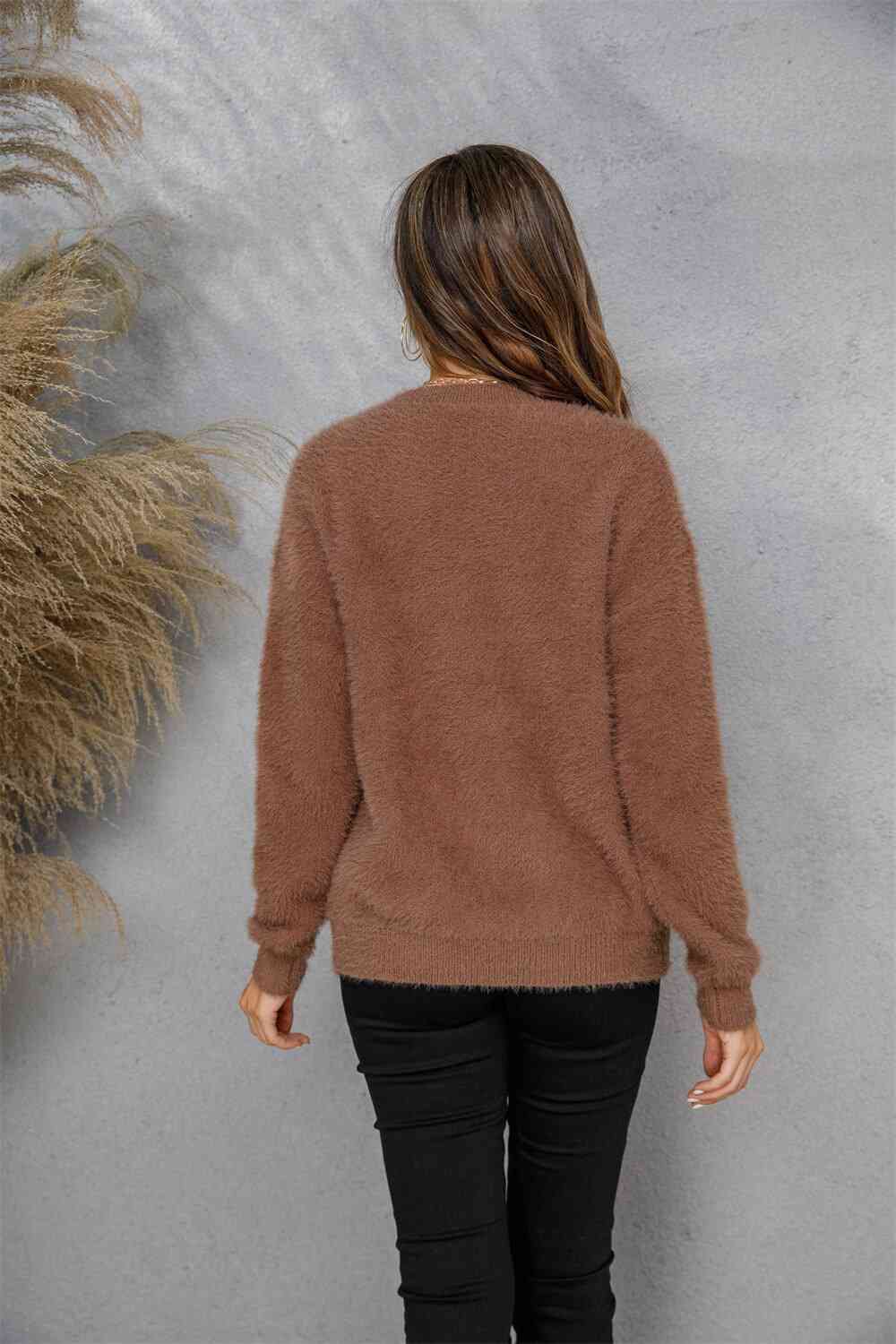 Dropped Shoulder Round Neck Fuzzy Sweater - Deals DejaVu