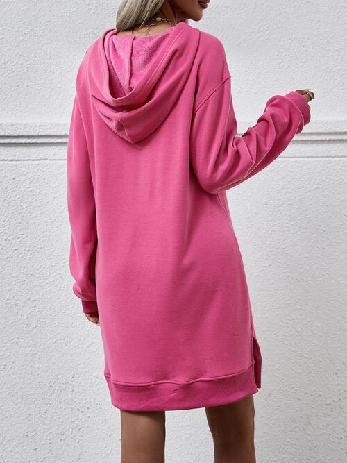 Slit Long Sleeve Hooded Dress with Pocket (MWBT) T - Deals DejaVu