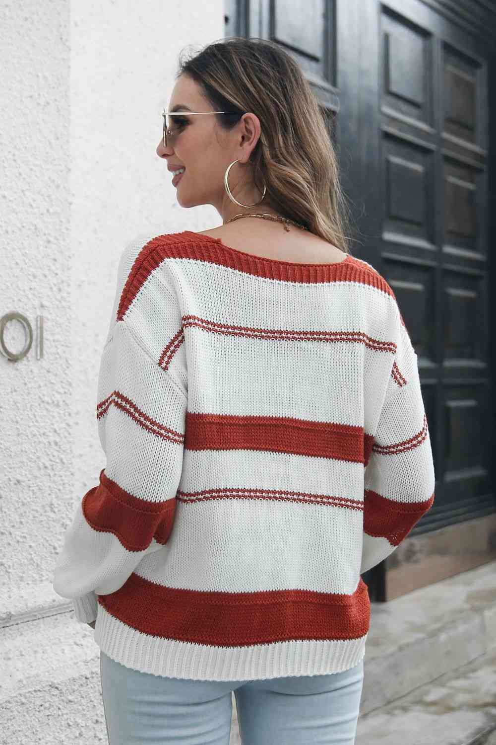 Striped V-Neck Drop Shoulder Sweater - Deals DejaVu