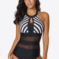 Striped Cutout Spliced Mesh Halter Neck One-Piece Swimsuit (TB10D) T