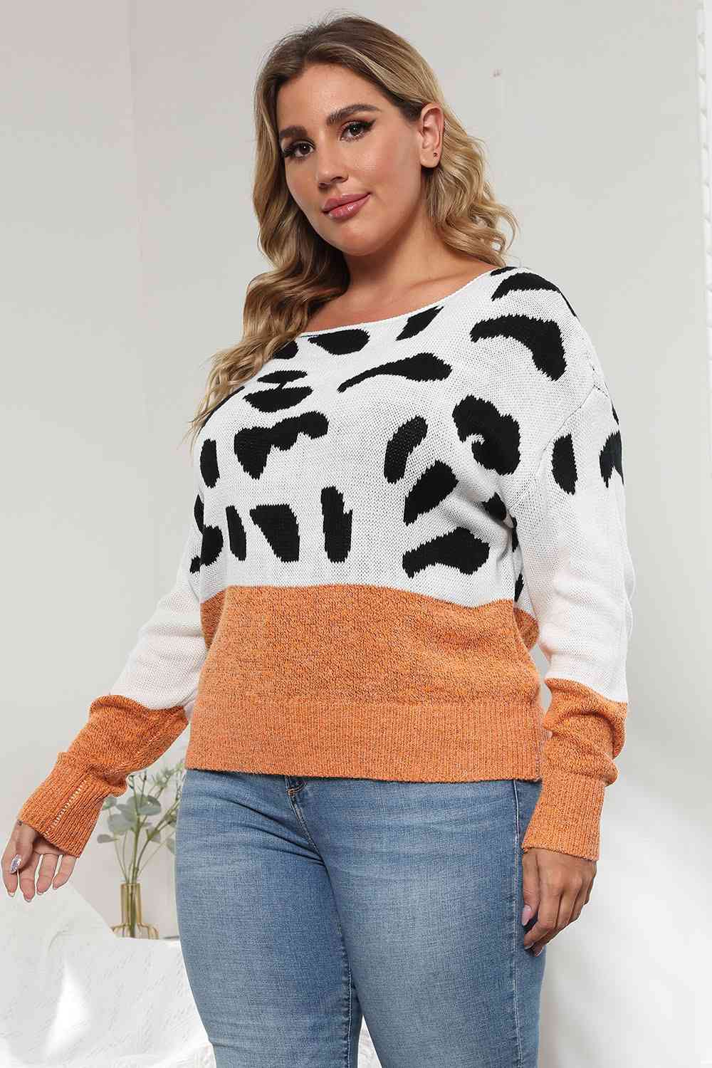 Plus Size Leopard Round Neck Long Sleeve Sweater - Deals DejaVu