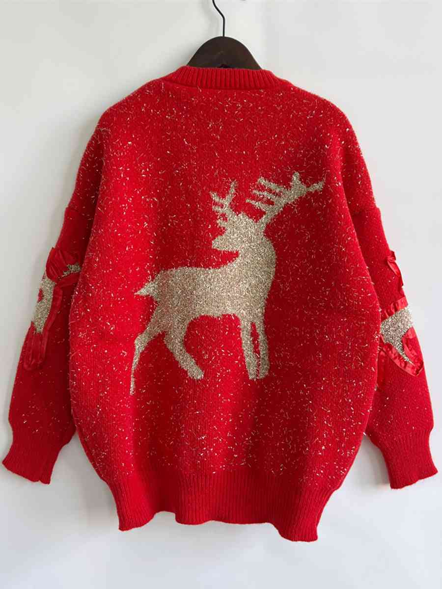 Reindeer Round Neck Long Sleeve Sweater - Deals DejaVu