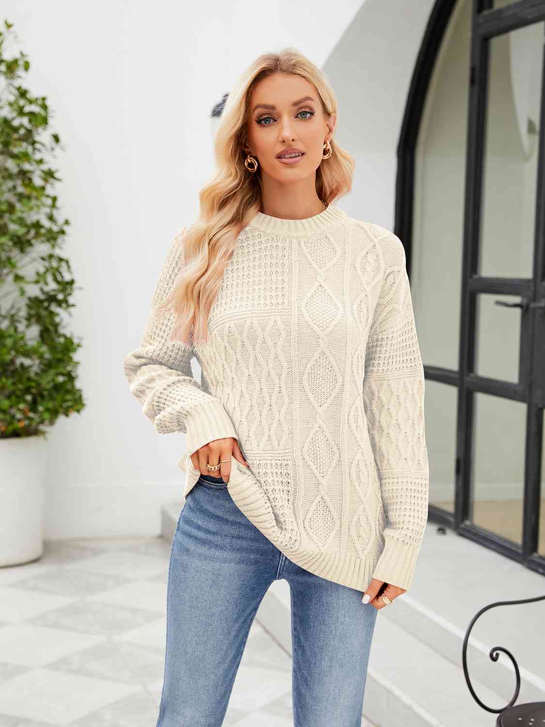 Round Neck Dropped Shoulder Sweater - Deals DejaVu