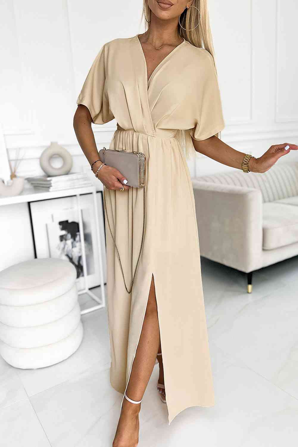 Surplice Neck Slit Maxi Dress (BWM) T - Deals DejaVu