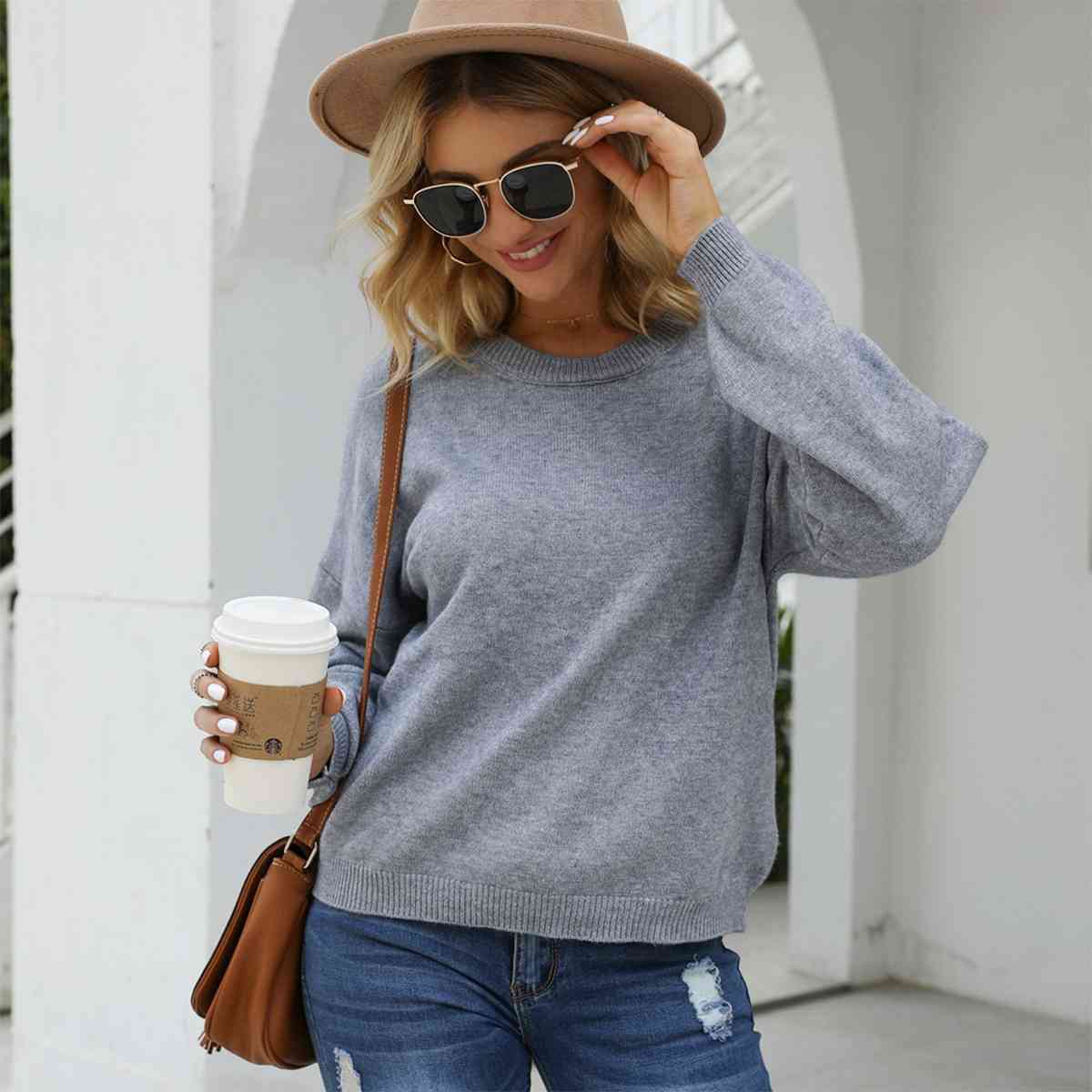 Round Neck Long Sleeve Drop Shoulder Sweater - Deals DejaVu