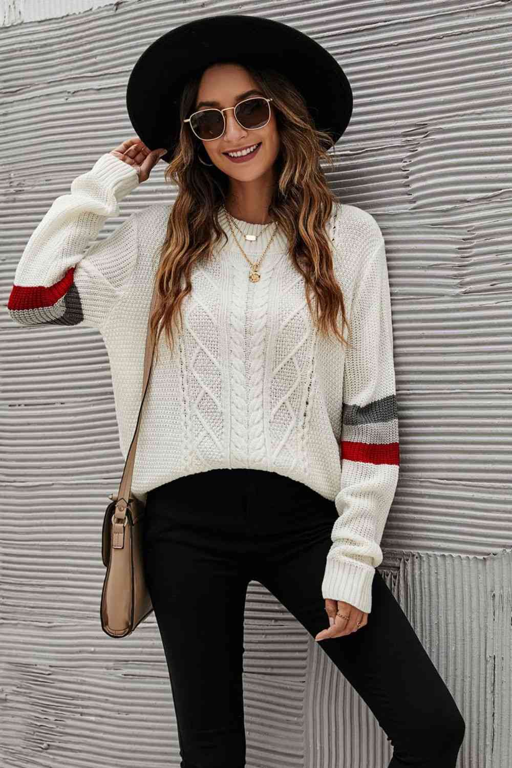 Feeling You Best Striped Cable-Knit Round Neck Sweater - Deals DejaVu