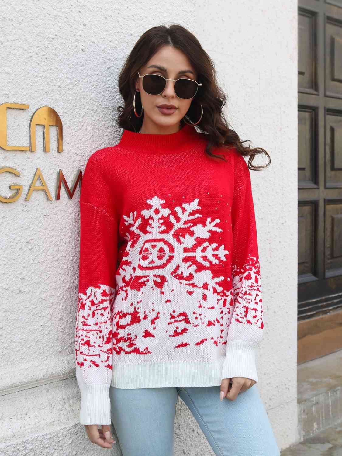 Snowflake Pattern Mock Neck Sweater - Deals DejaVu