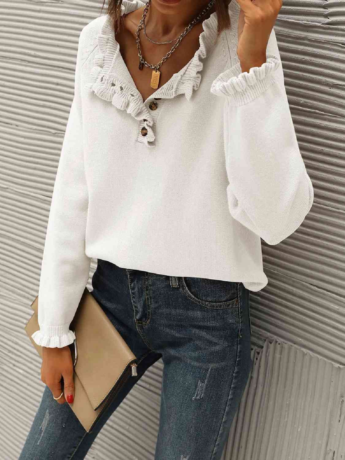 Ruffled Quarter-Button Sweater - Deals DejaVu