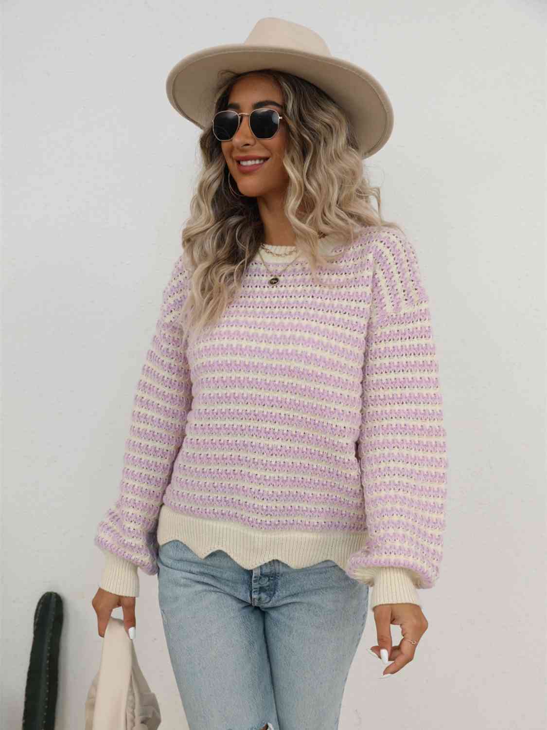 Striped Buttoned Round Neck Sweater - Deals DejaVu