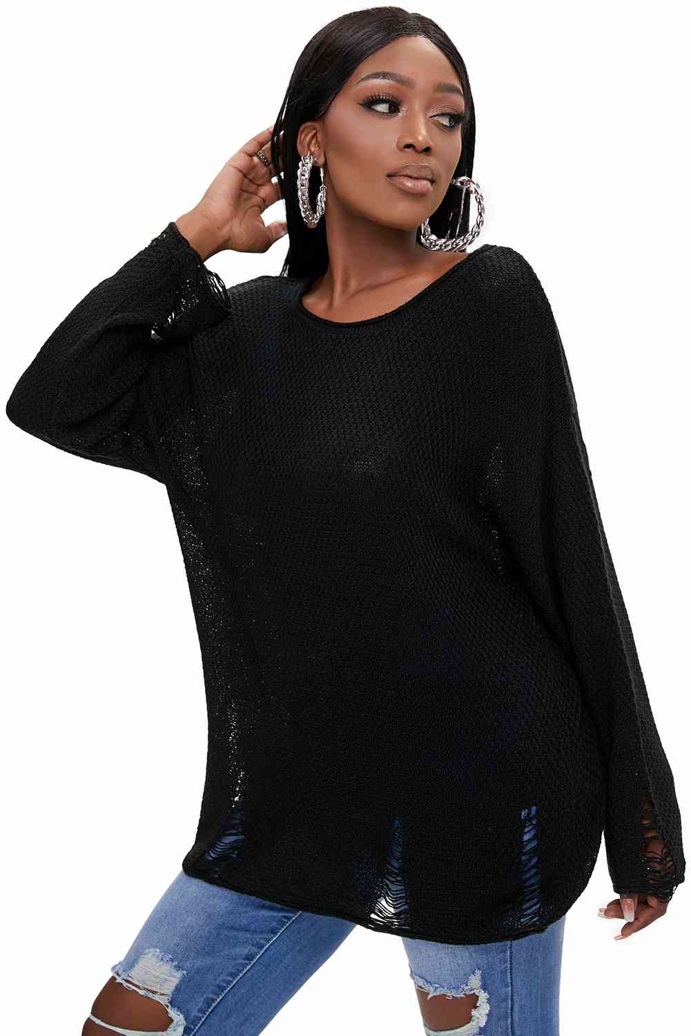 Round Neck Distressed Drop Shoulder Sweater - Deals DejaVu