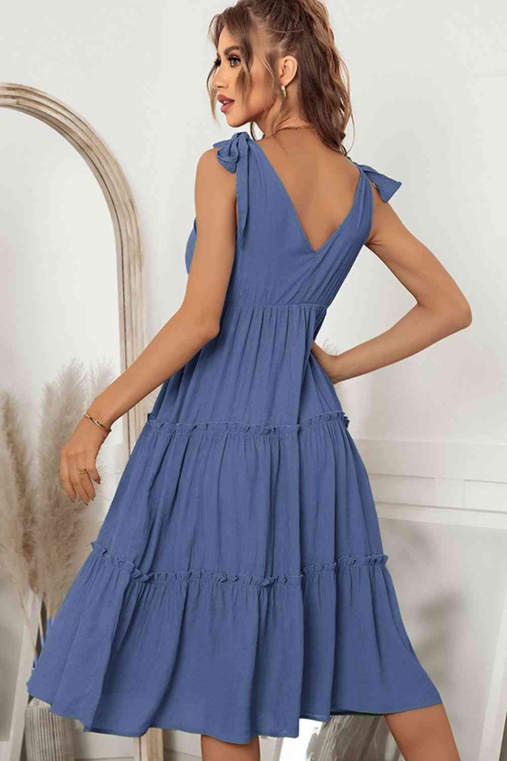 Tie Shoulder V-Neck Tiered Dress (MWBT) T - Deals DejaVu