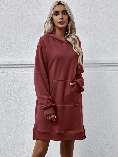 Slit Long Sleeve Hooded Dress with Pocket (MWBT) T - Deals DejaVu