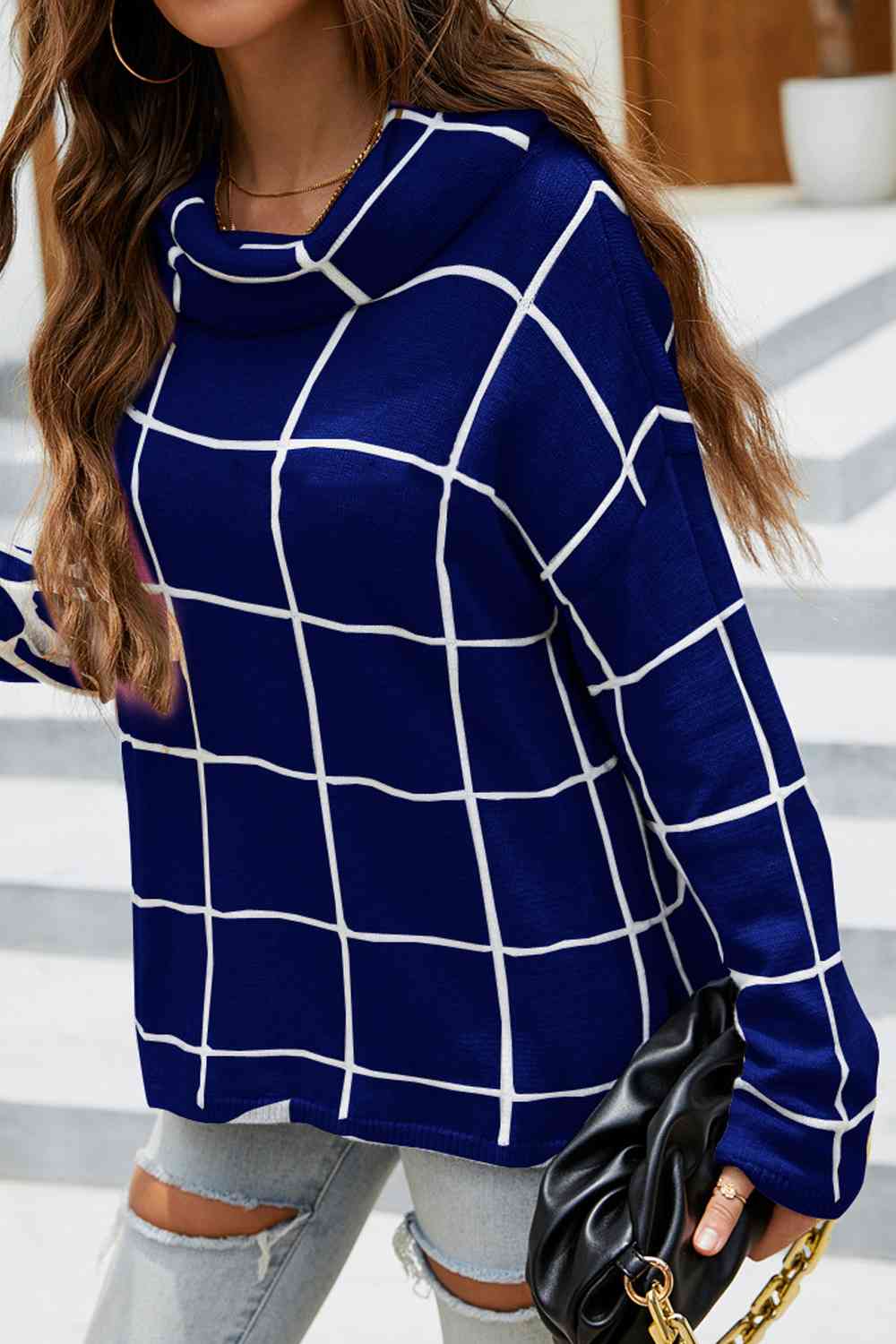 Plaid Turtleneck Drop Shoulder Sweater - Deals DejaVu