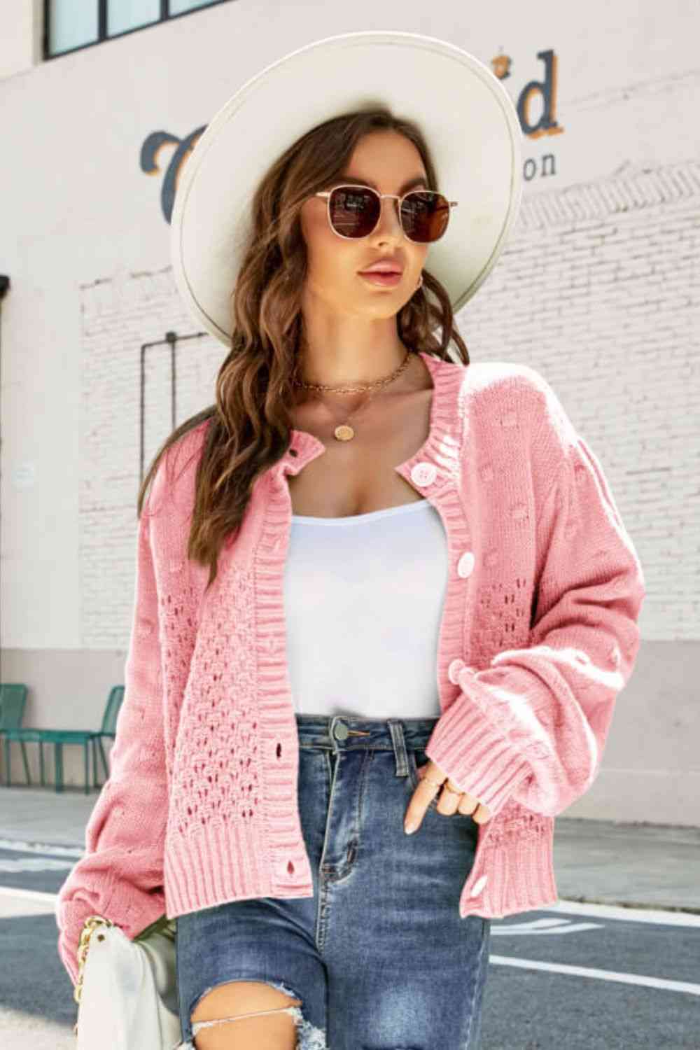 Woven Right Openwork Pompom Puff Sleeve Cardigan - Deals DejaVu