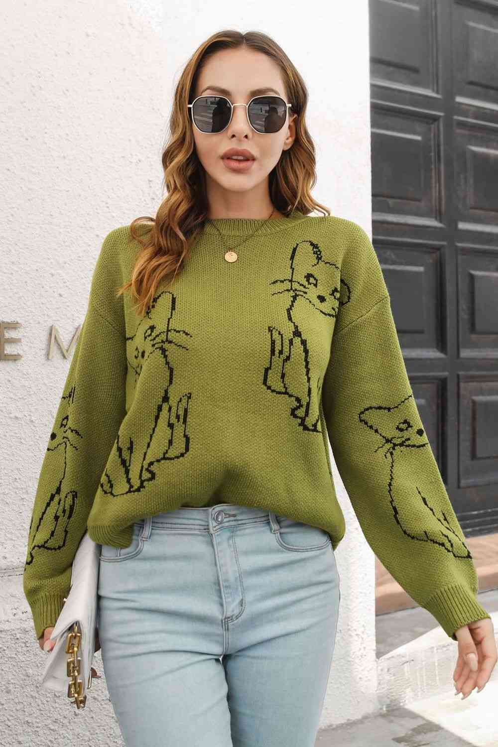 Cat Pattern Round Neck Long Sleeve Pullover Sweater - Deals DejaVu