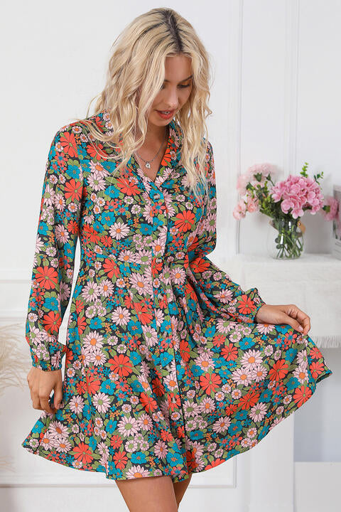 Floral Button Front Collared Neck Shirt Dress (MWBT) T - Deals DejaVu