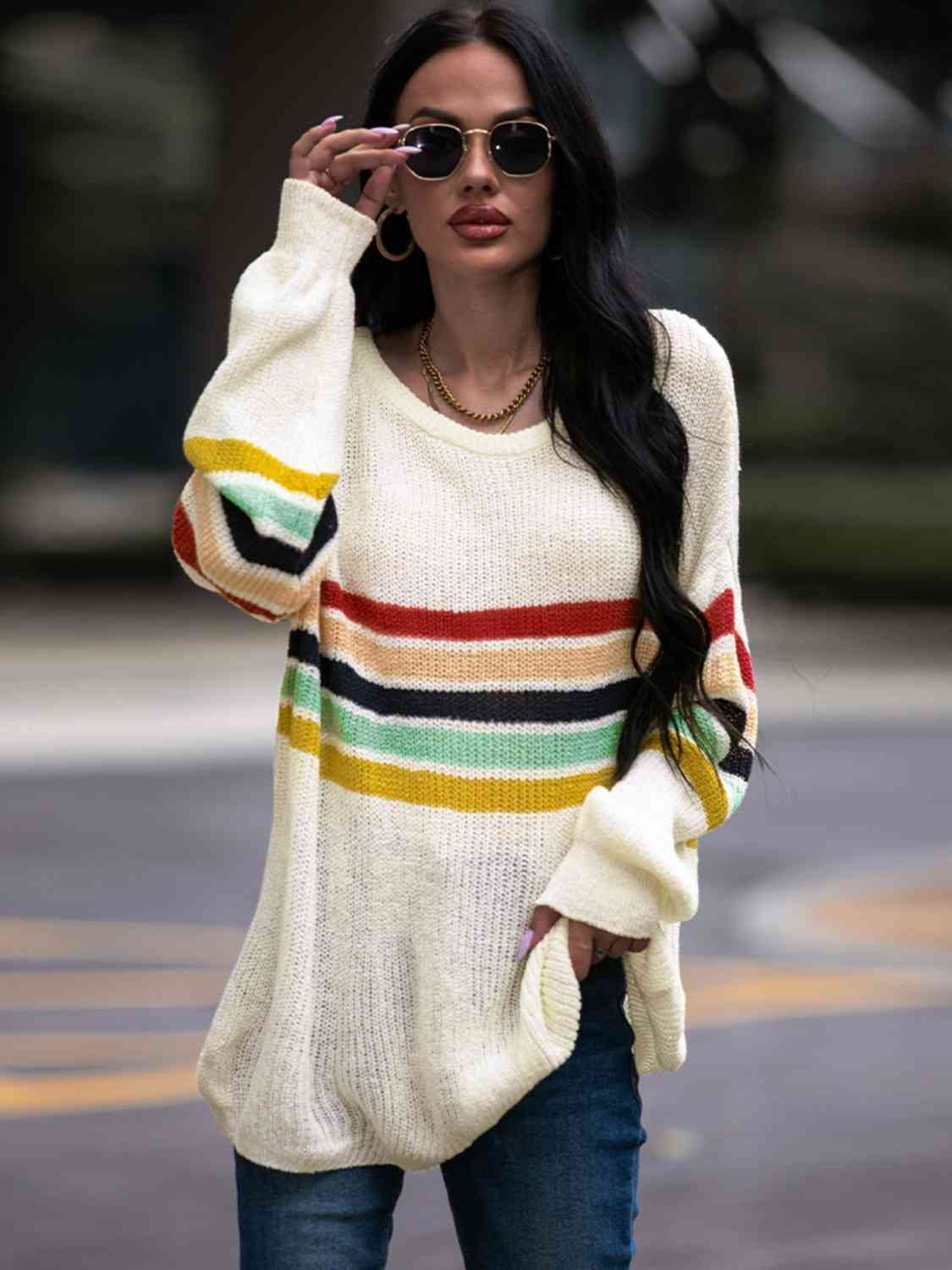 Striped Round Neck Sweater - Deals DejaVu