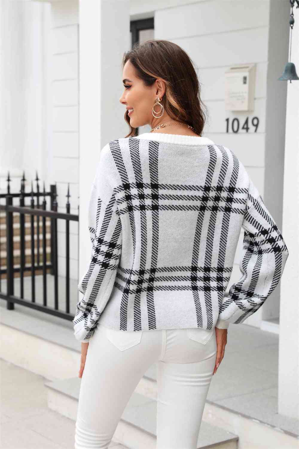 Printed Round Neck Dropped Shoulder Sweater - Deals DejaVu