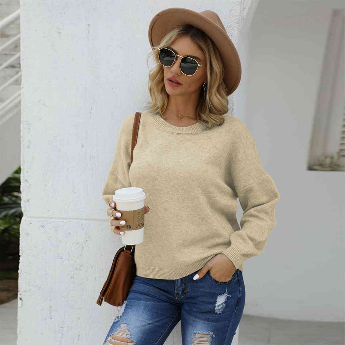 Round Neck Long Sleeve Drop Shoulder Sweater - Deals DejaVu