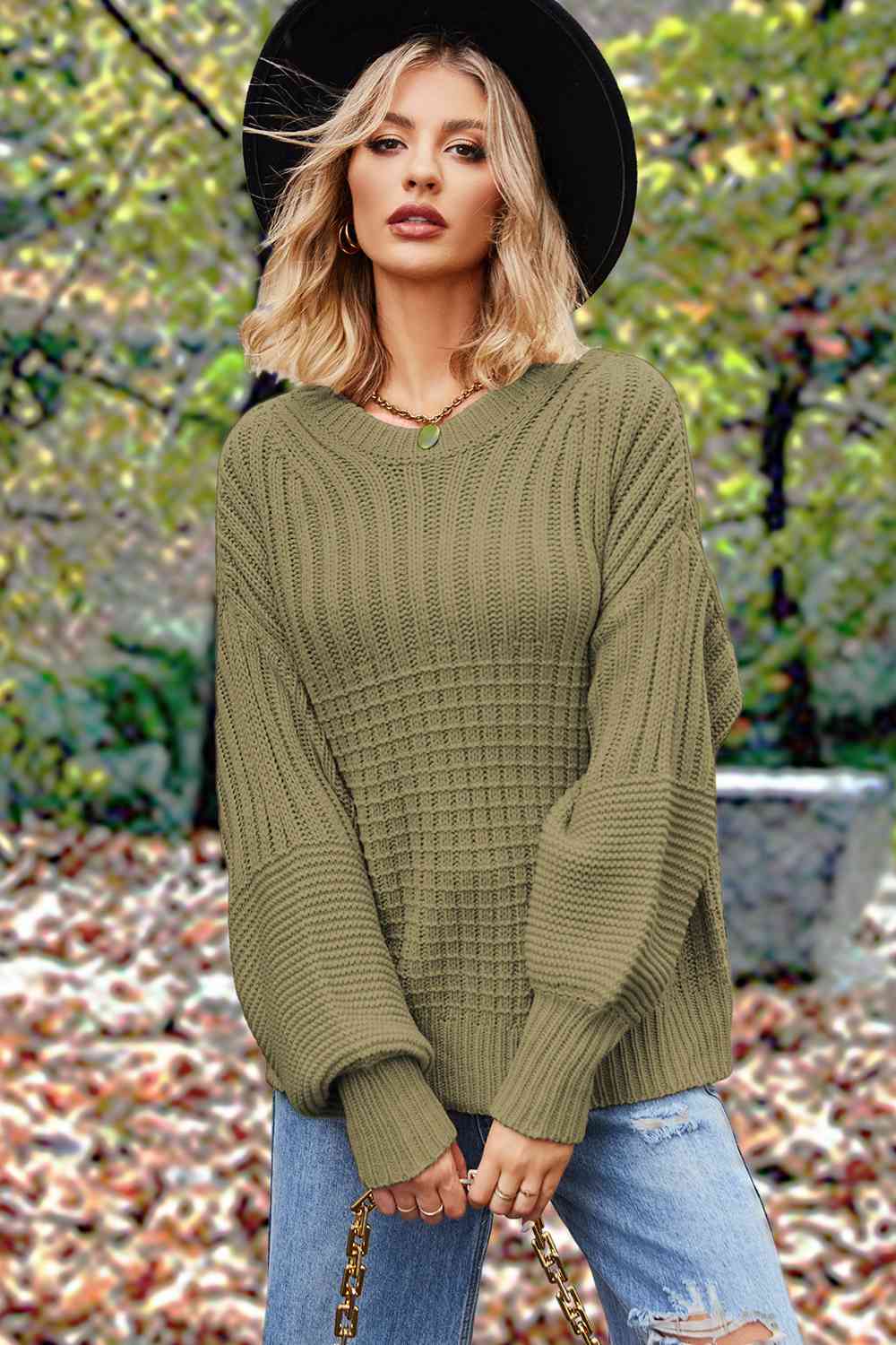 Round Neck Lantern Sleeve Sweater