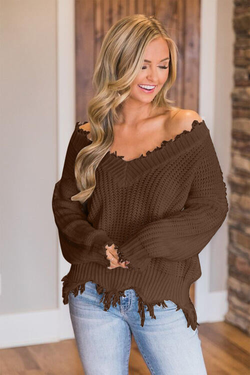 Frayed Hem Dropped Shoulder Sweater - Deals DejaVu