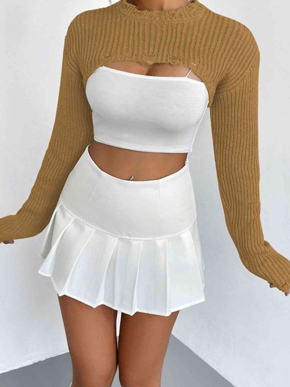 Distressed Long Sleeve Cropped Sweater - Deals DejaVu