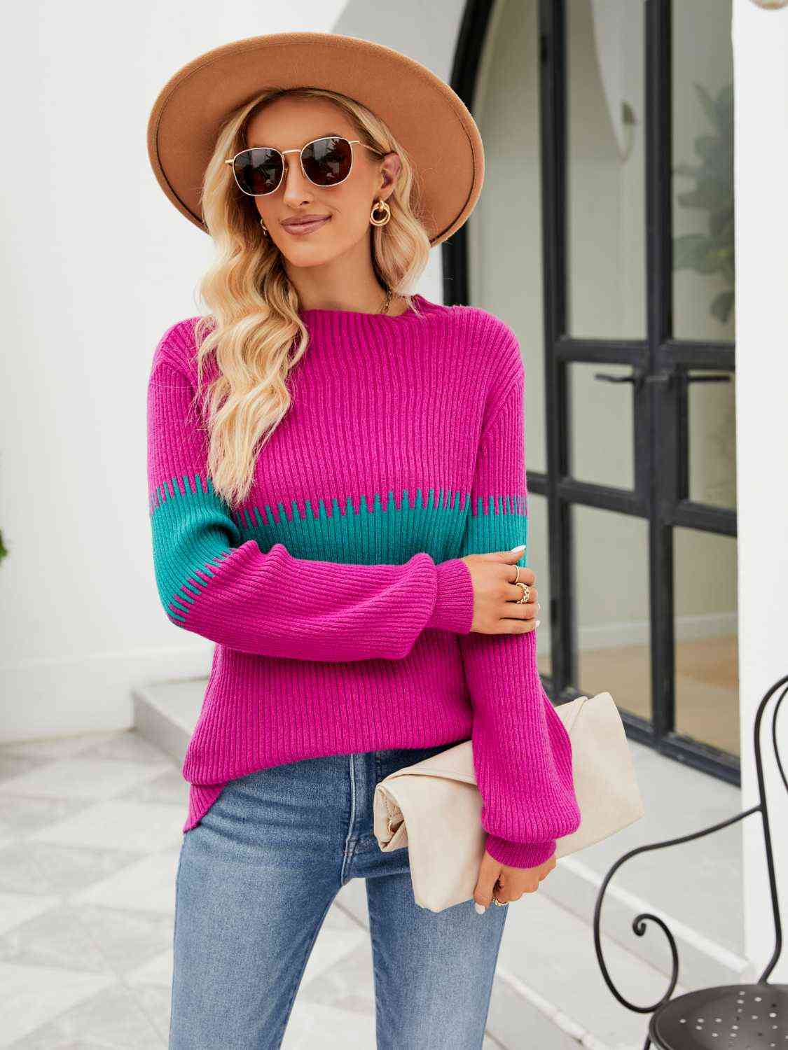 Contrast Round Neck Sweater - Deals DejaVu