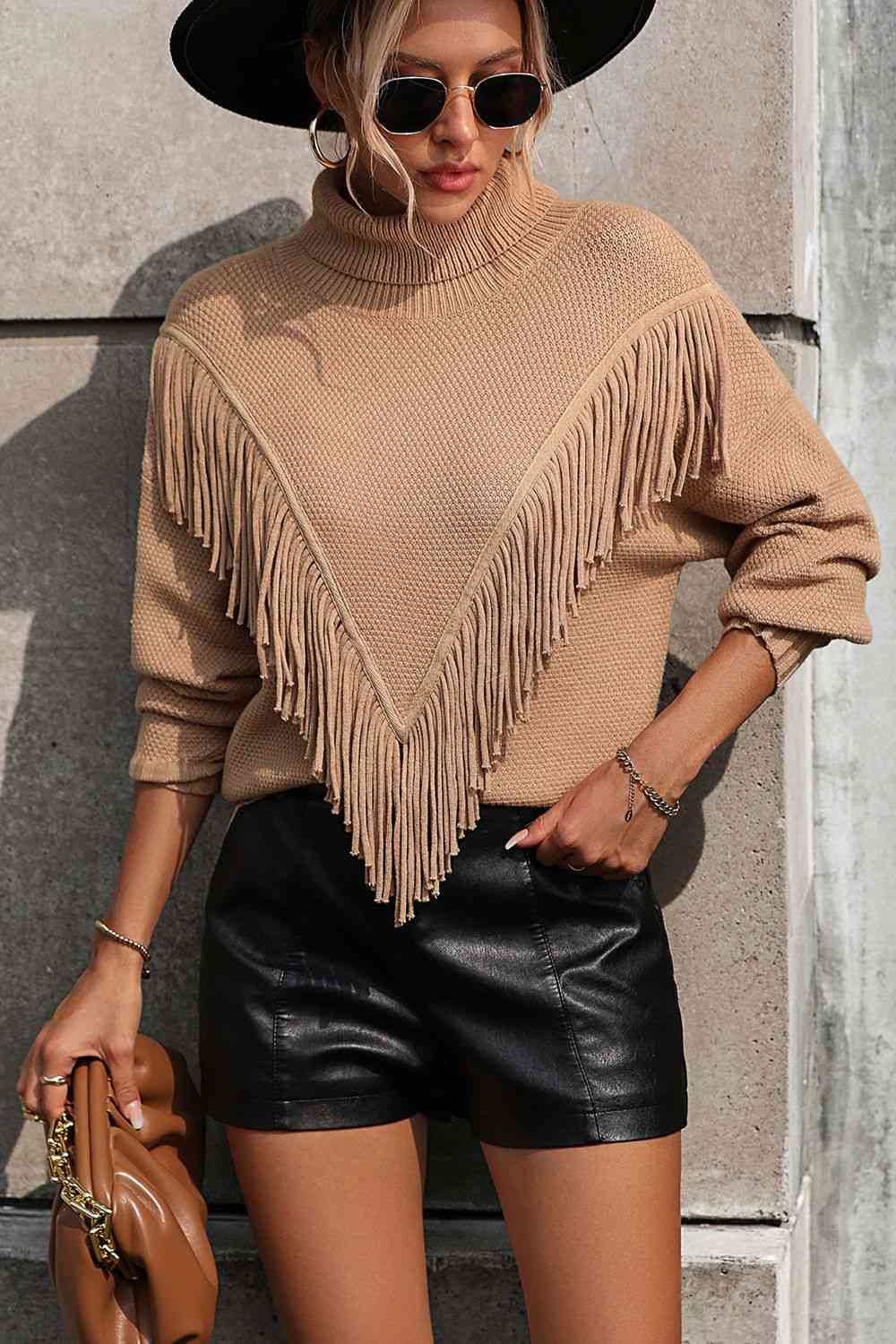 Turtle Neck Tassel Front Long Sleeve Pullover Sweater - Deals DejaVu