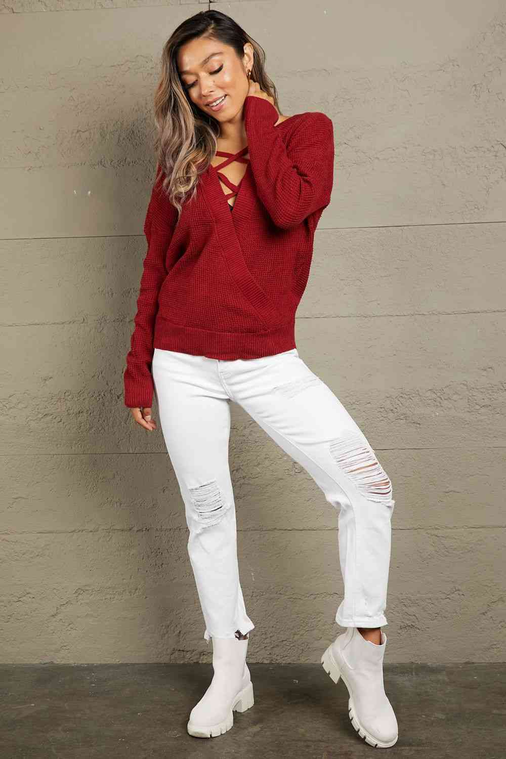 Woven Right Crisscross Back Waffle-Knit Sweater - Deals DejaVu