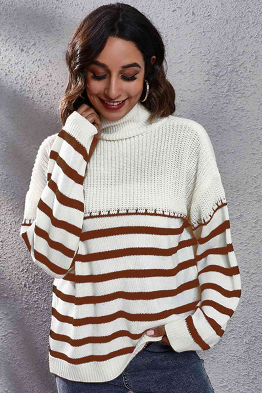 Striped Turtleneck Drop Shoulder Sweater - Deals DejaVu