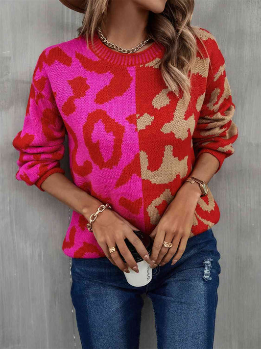 Leopard Round Neck Long Sleeve Sweater - Deals DejaVu
