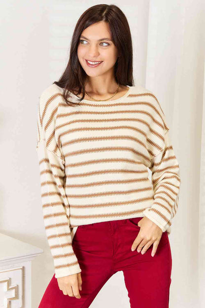 Double Take Striped Boat Neck Sweater - Deals DejaVu