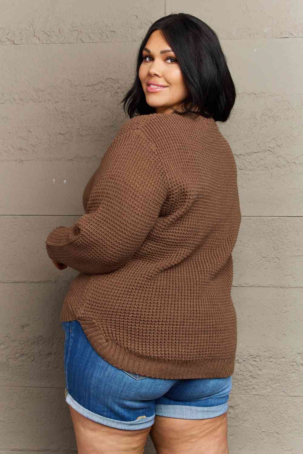 Zenana Breezy Days Plus Size High Low Waffle Knit Sweater - Deals DejaVu