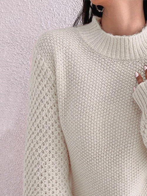 Openwork Mock Neck Long Sleeve Sweater - Deals DejaVu