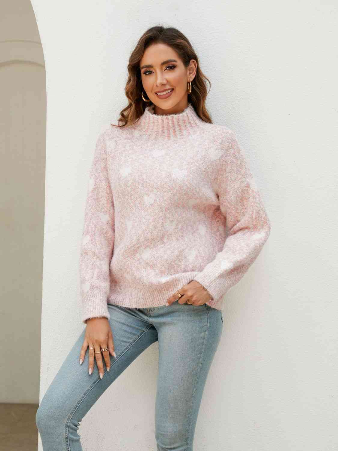 Heart Mock Neck Sweater - Deals DejaVu