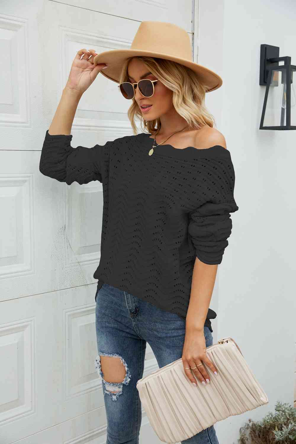 Woven Right Scalloped Boat Neck Openwork Tunic Sweater - Deals DejaVu