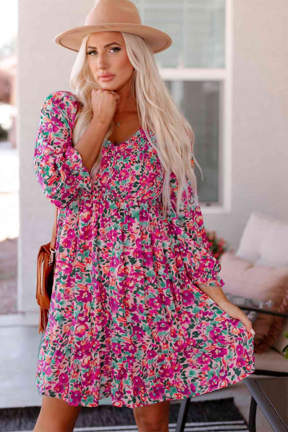 Floral Smocked V-Neck Flounce Sleeve Dress (MWBT) T - Deals DejaVu