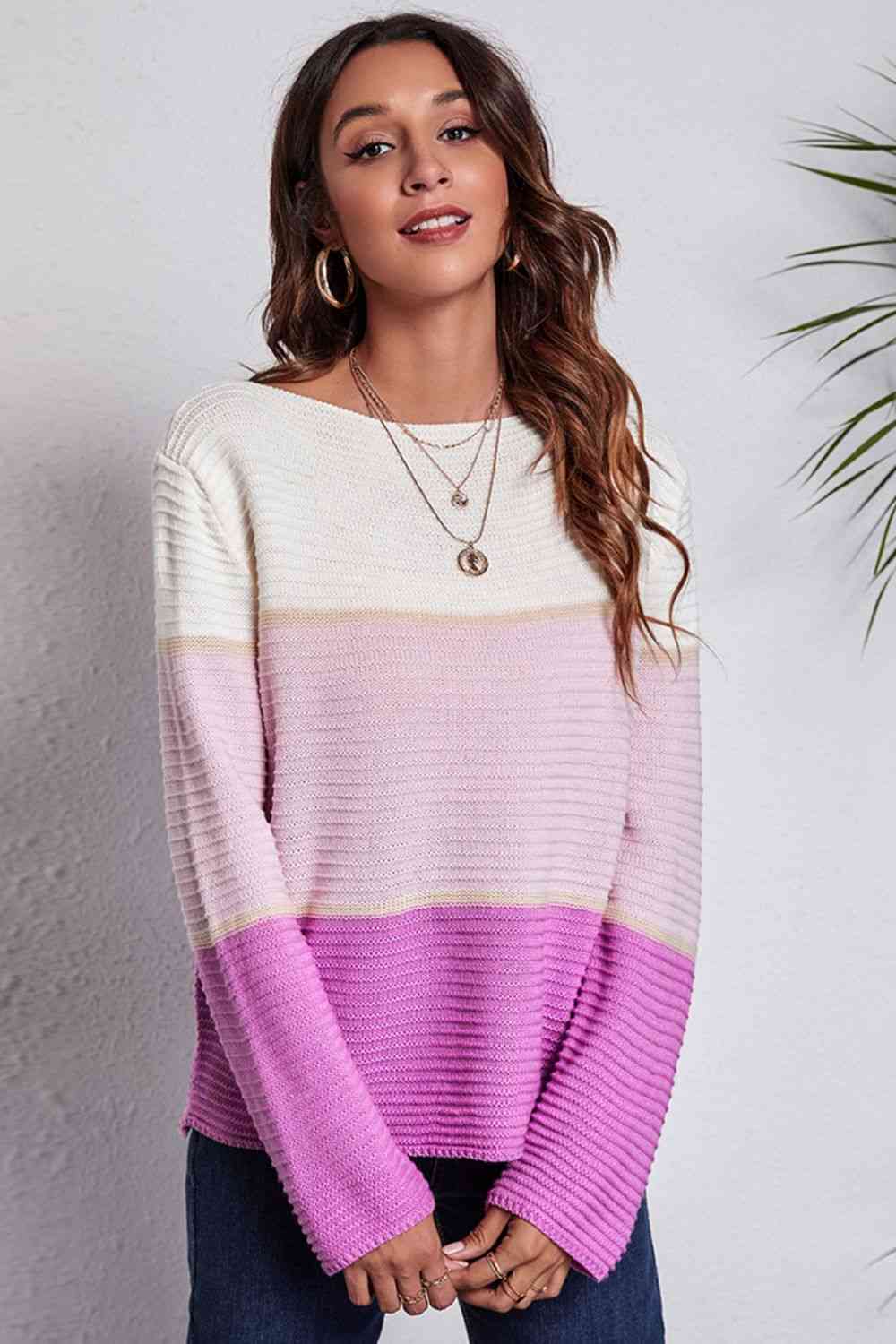 Color Block Horizontal Ribbing Sweater - Deals DejaVu