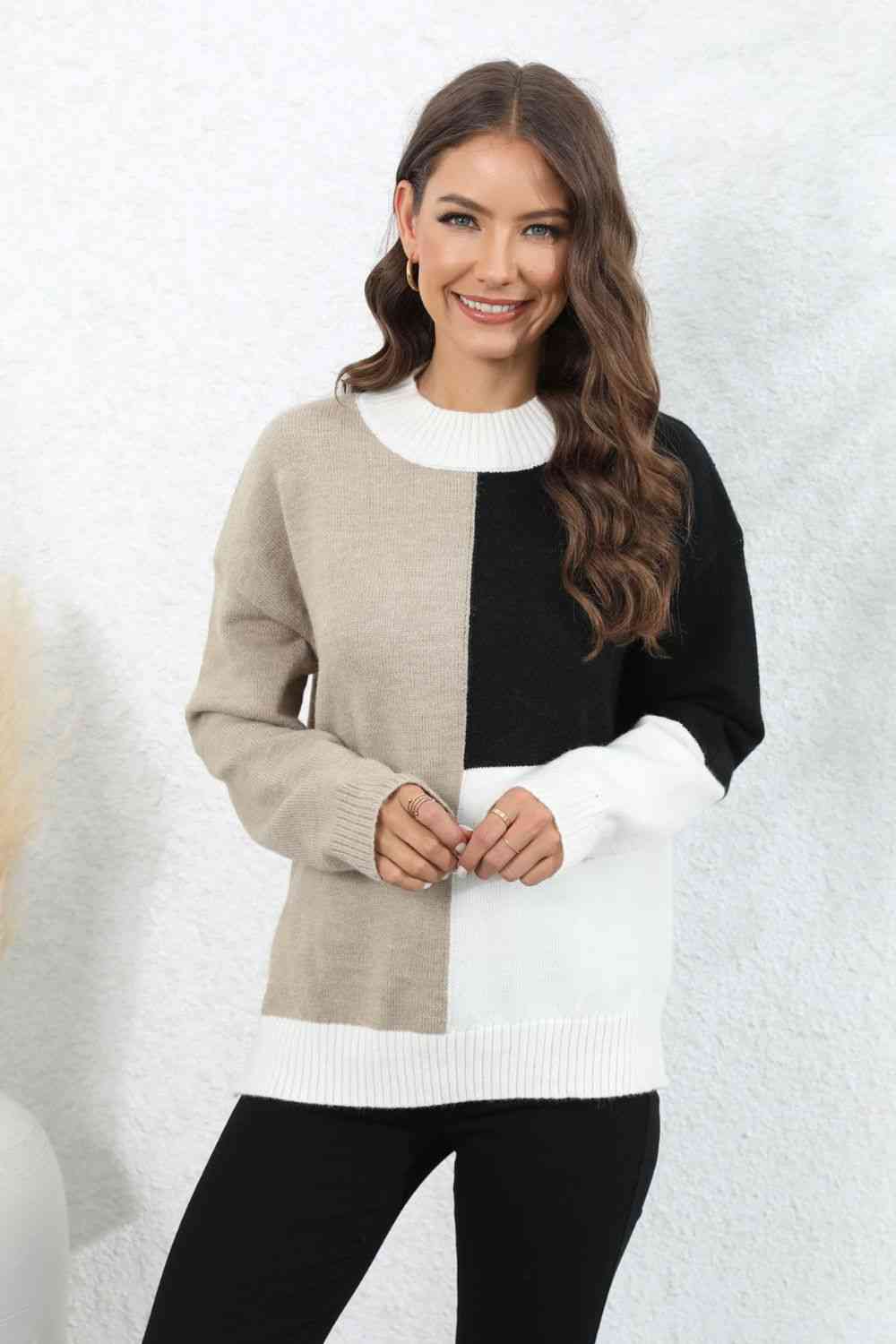 Color Block Crewneck Drop Shoulder Sweater - Deals DejaVu