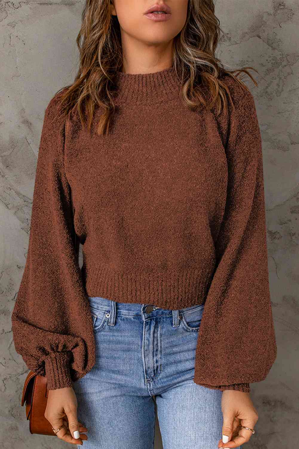 Ribbed Trim Balloon Sleeve Sweater - Deals DejaVu