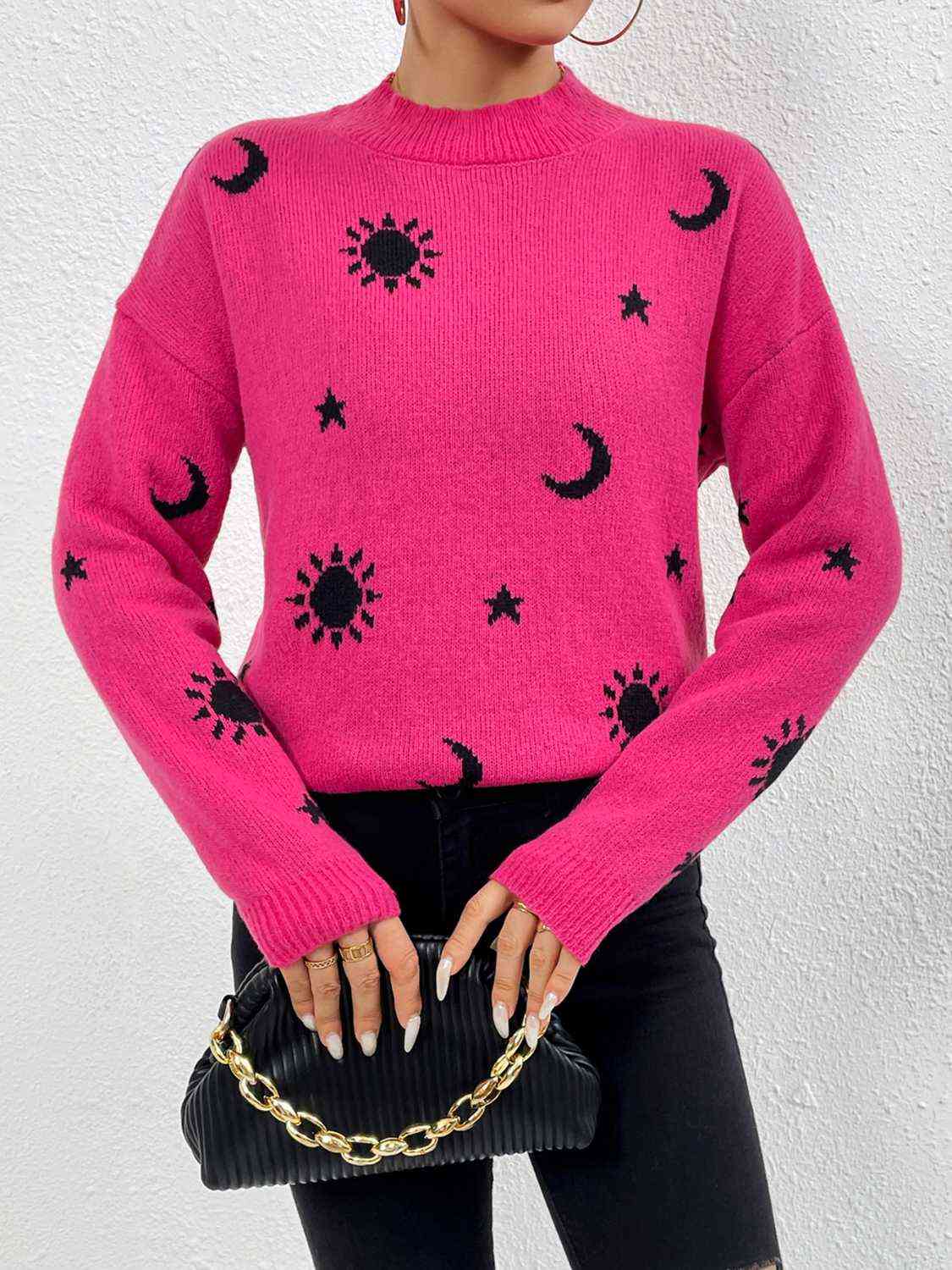 Patterned Drop Shoulder Sweater - Deals DejaVu