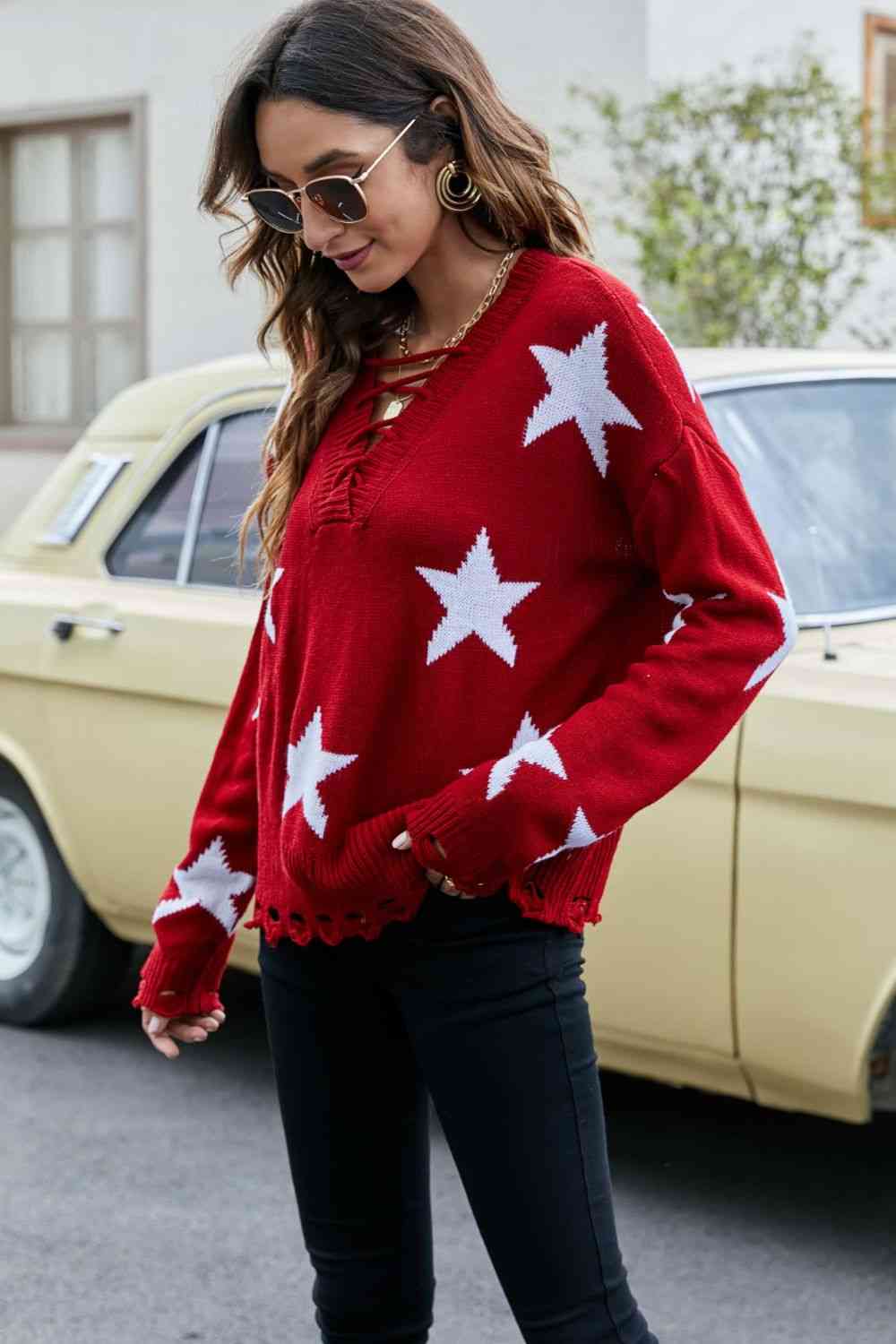 Star Pattern Lace-Up Drop Shoulder Sweater